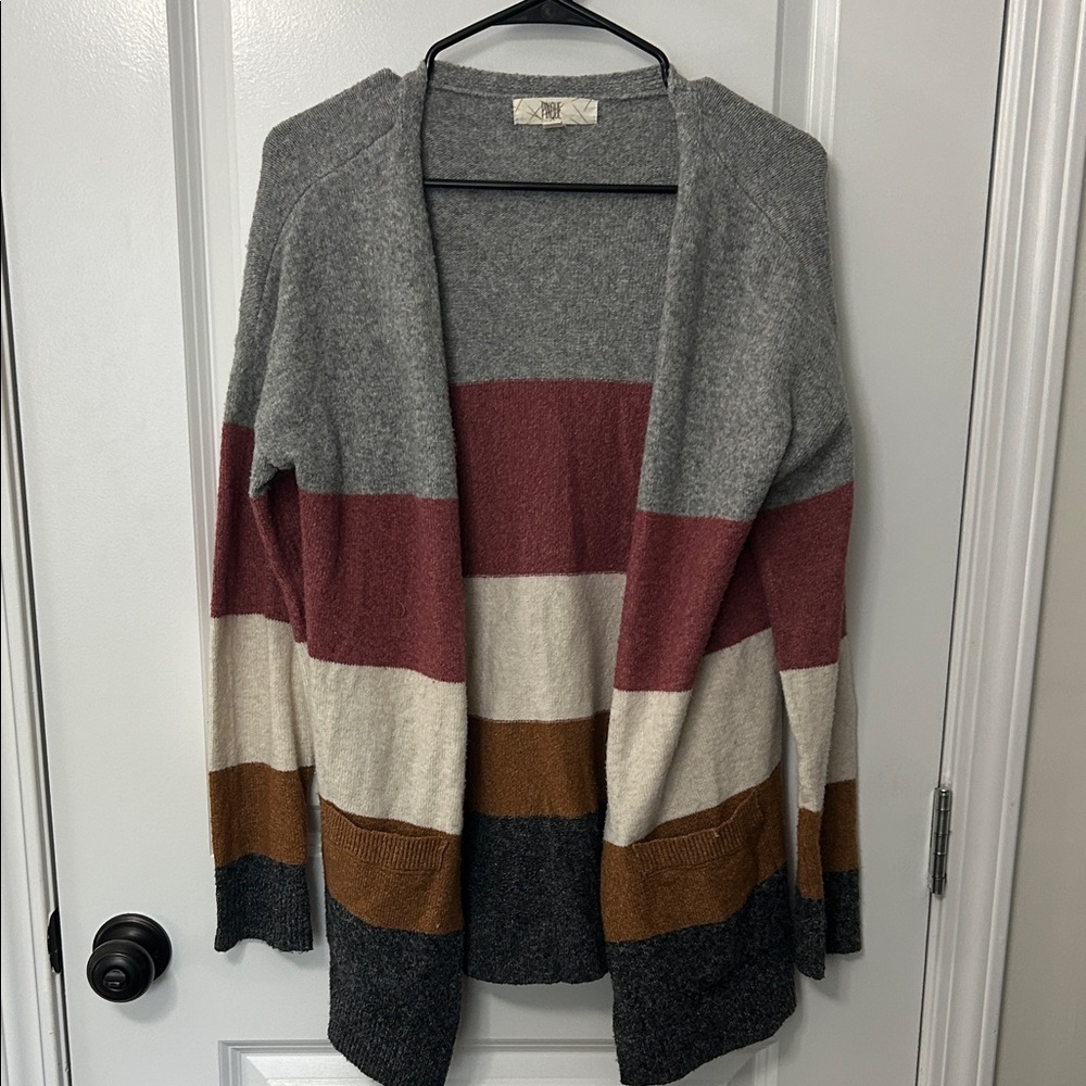 Cozy Striped Cardigan in Gray, Cream, and Brown